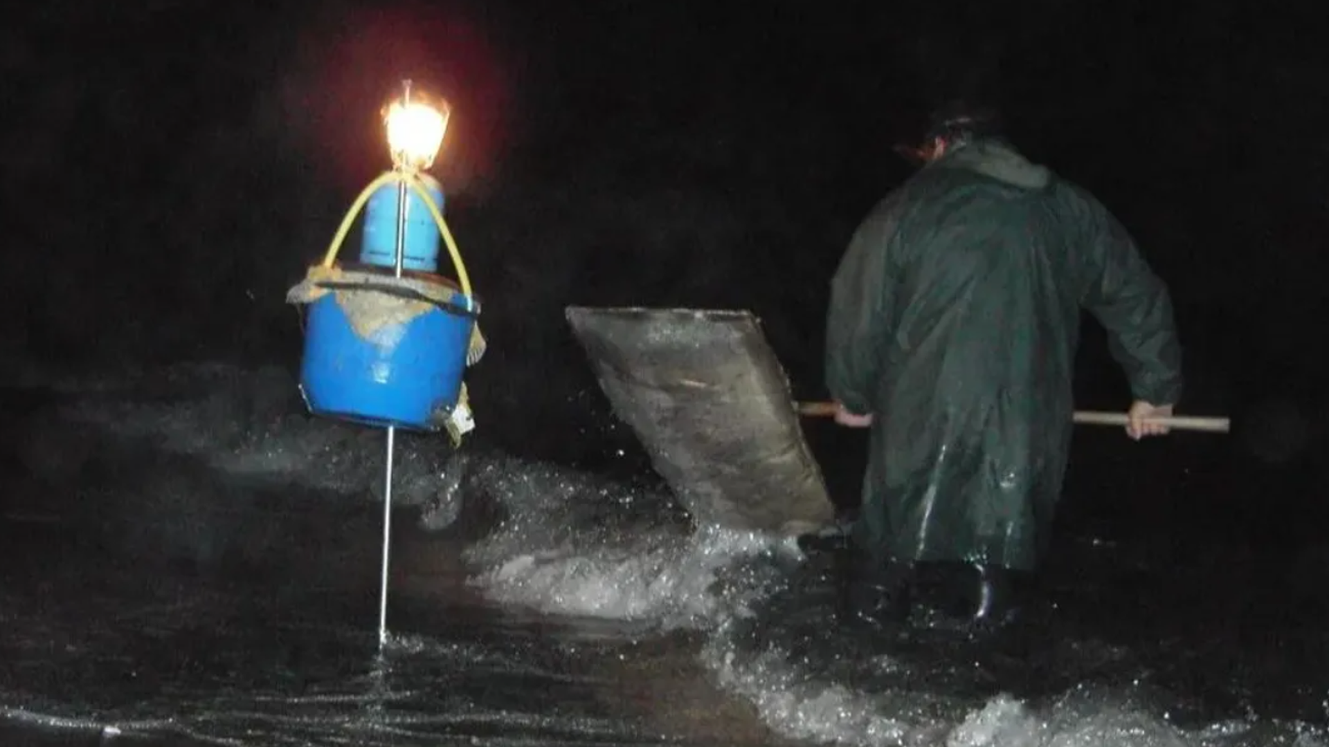 Un angulero con el cedazo durante la captura de angulas.
