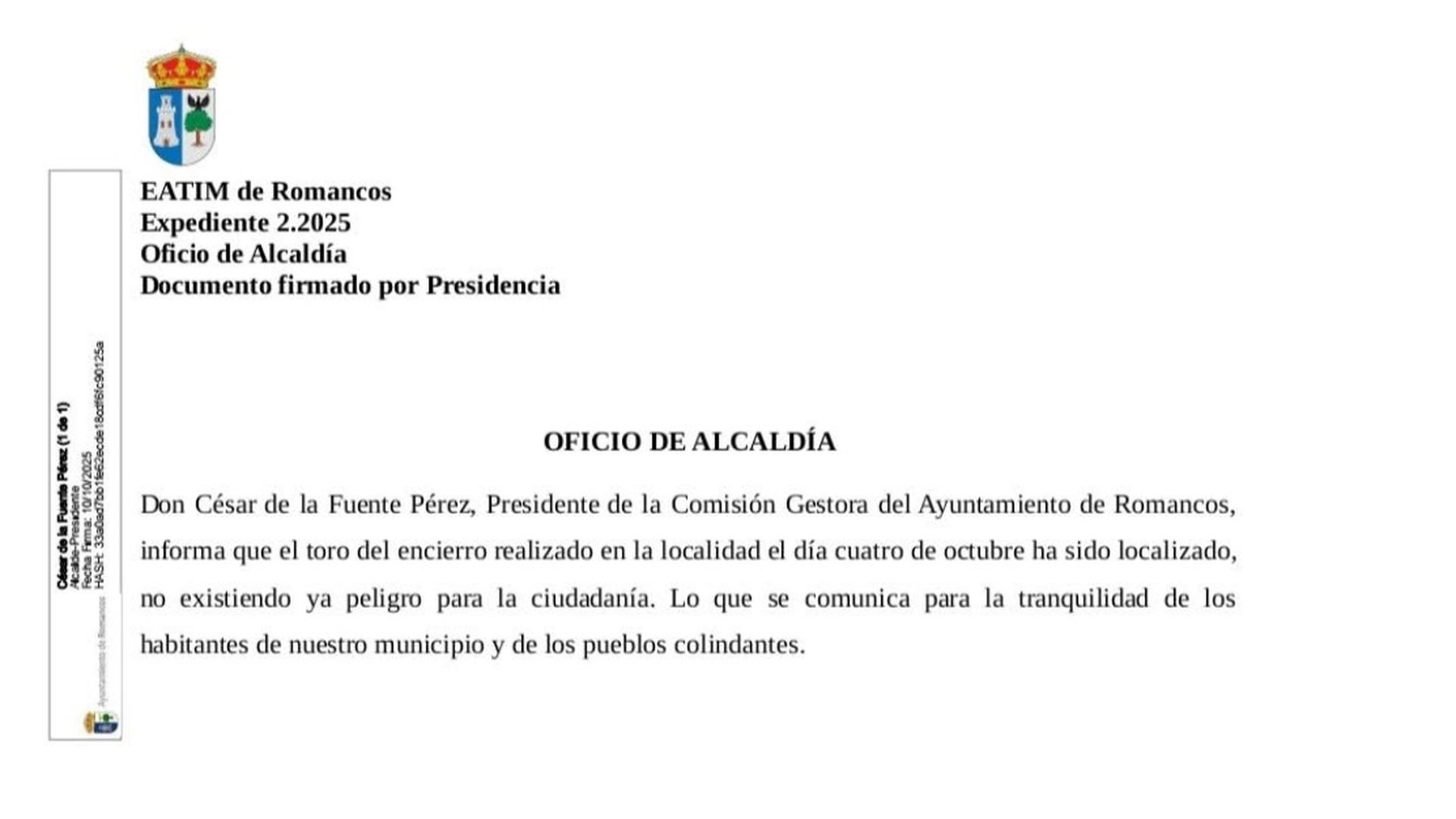 Comunicado del Ayuntamiento de Romancos