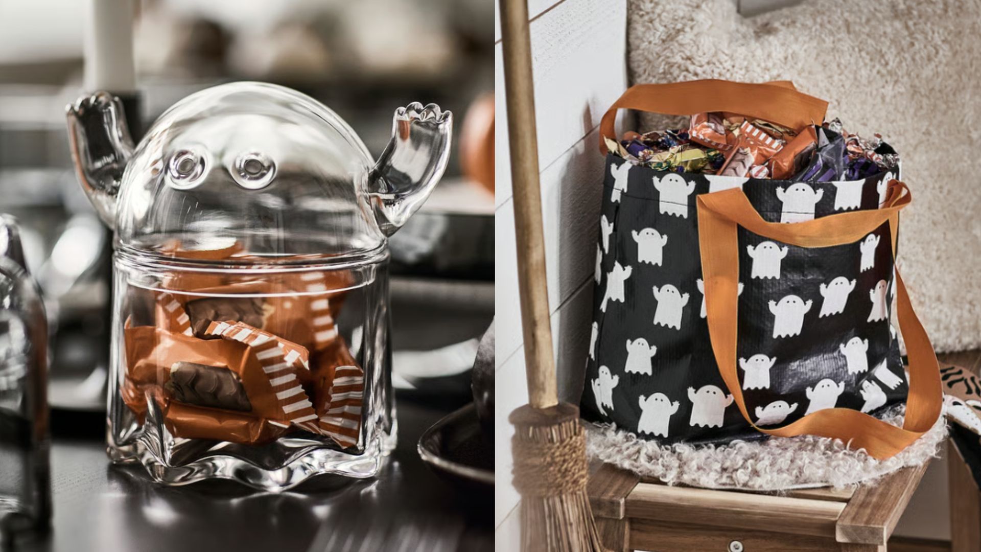 Recipiente para caramelos y bolsa de la compra, en un montaje de fotos