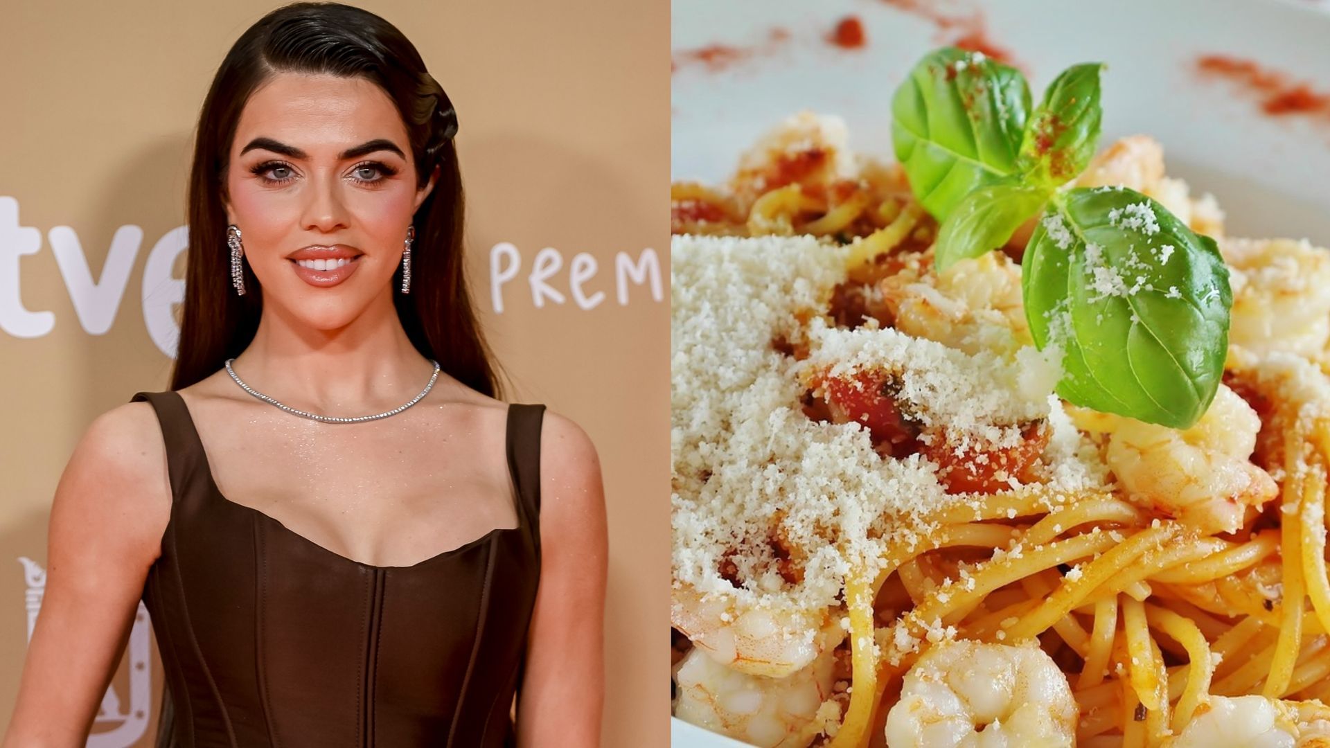 Violeta Mangriñán y un plato de pasta, en un montaje de fotos