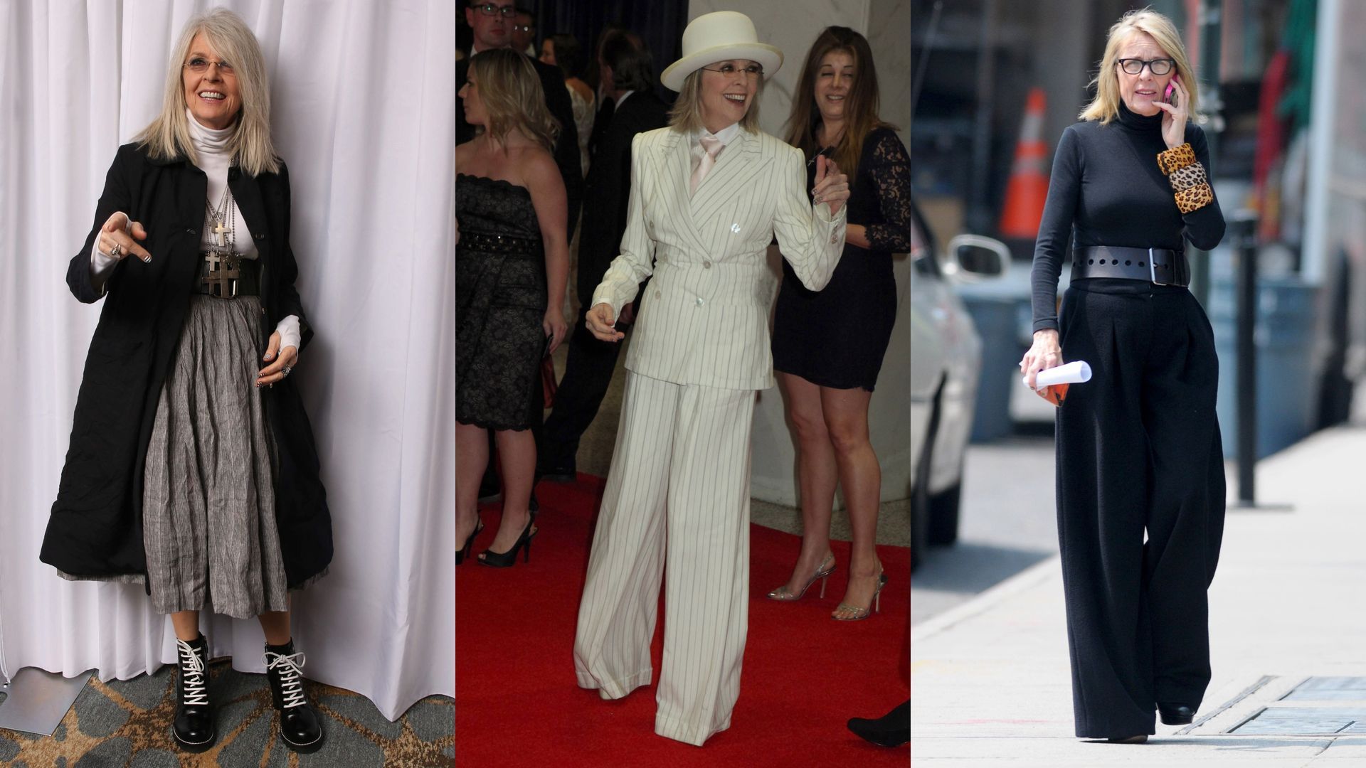 Tres looks de Diane Keaton, en un montaje de fotos