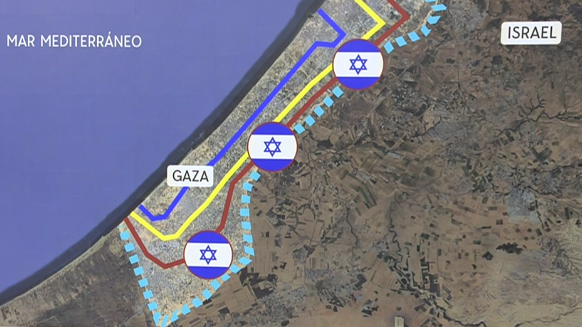 Mapa de la Franja de Gaza que muestra los diferentes límites del ejército de Israel según el acuerdo de paz
