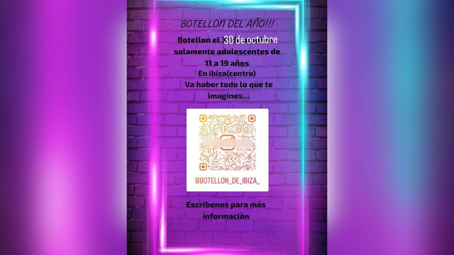 Mensaje de Instagram convocando al botellón ilegal para menores en Ibiza
