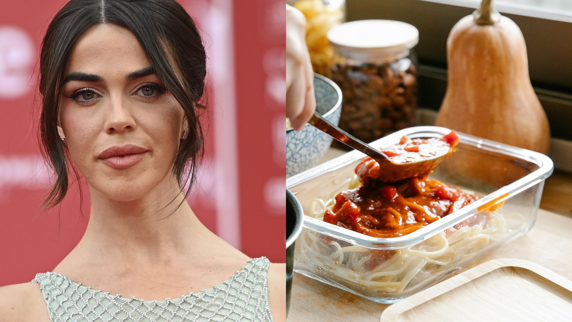 Violeta Mangriñán y un plato de pasta con calabaza, en un montaje de fotos Violeta Mangriñán y un plato de pasta con calabaza, en un montaje de fotos