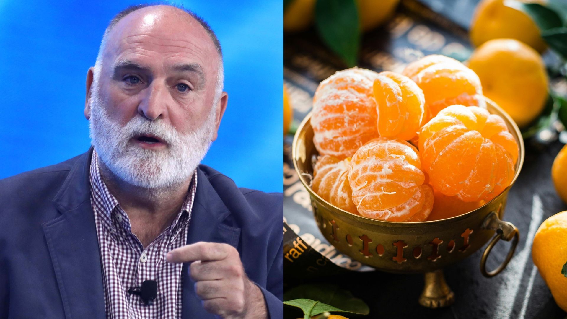 El chef José Andrés y mandarinas, en un montaje de fotos