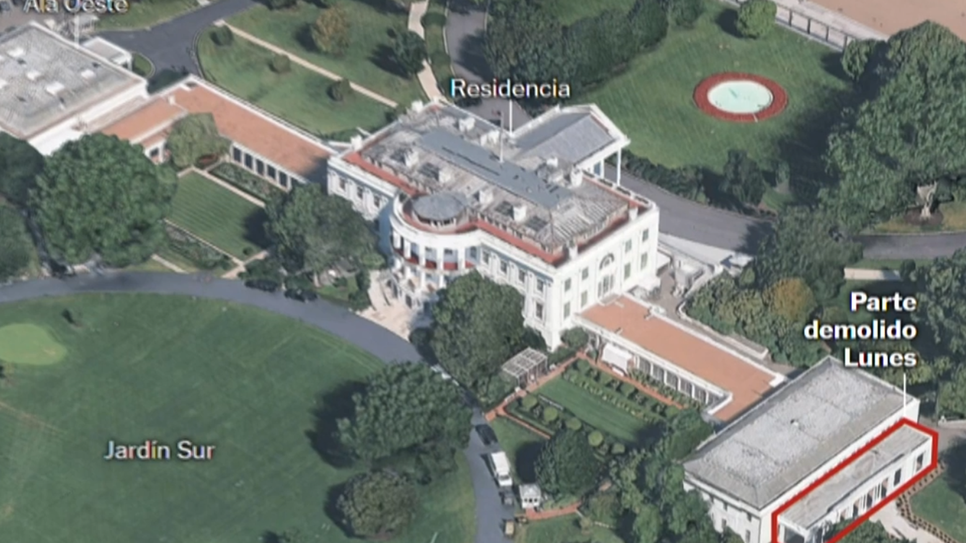 Fotografía de las diferentes zonas de la Casa Blanca, donde se indica el área de demolición
