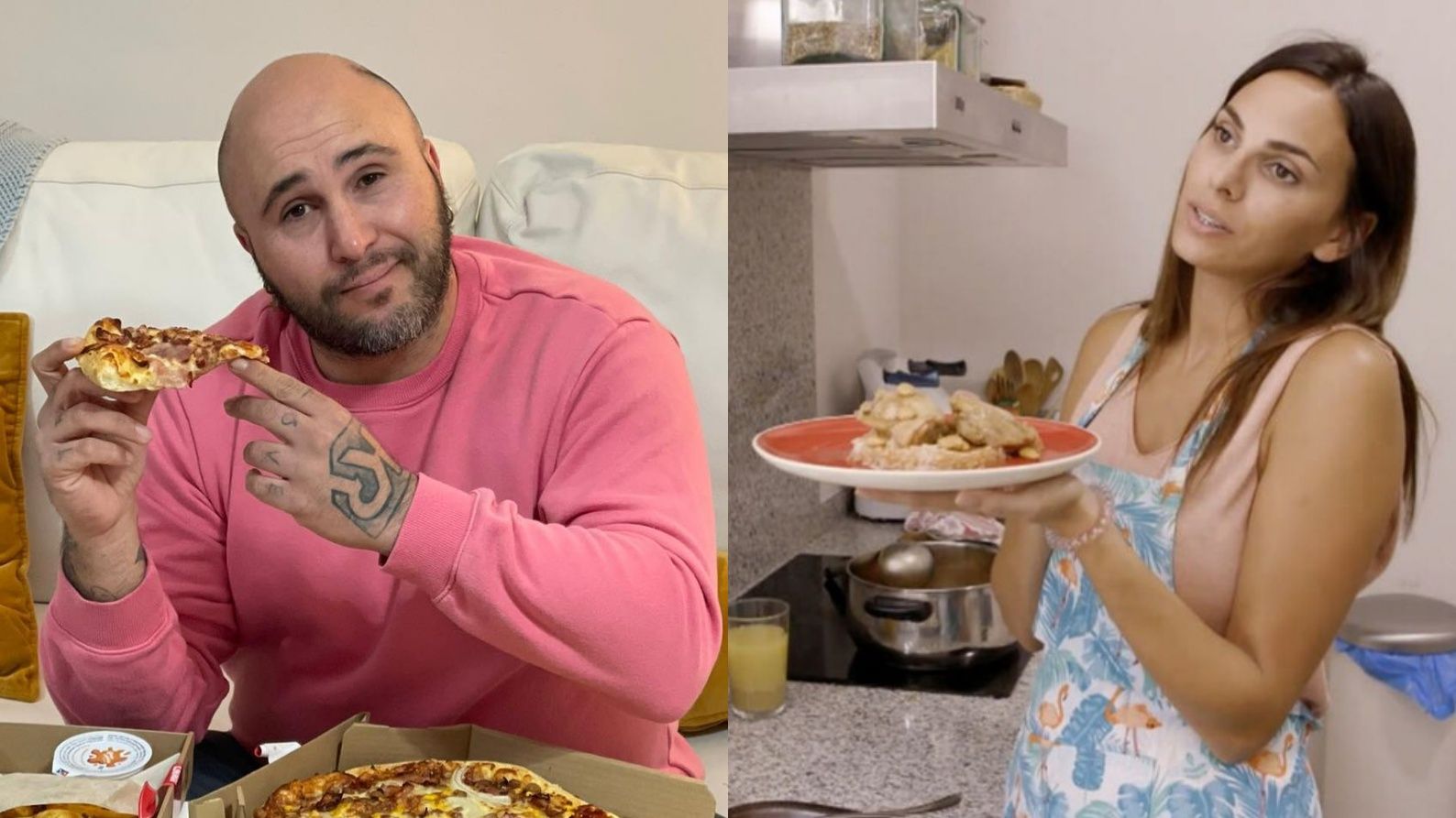 Kiko Rivera con una pizza e Irene Rosales con un plato más saludable