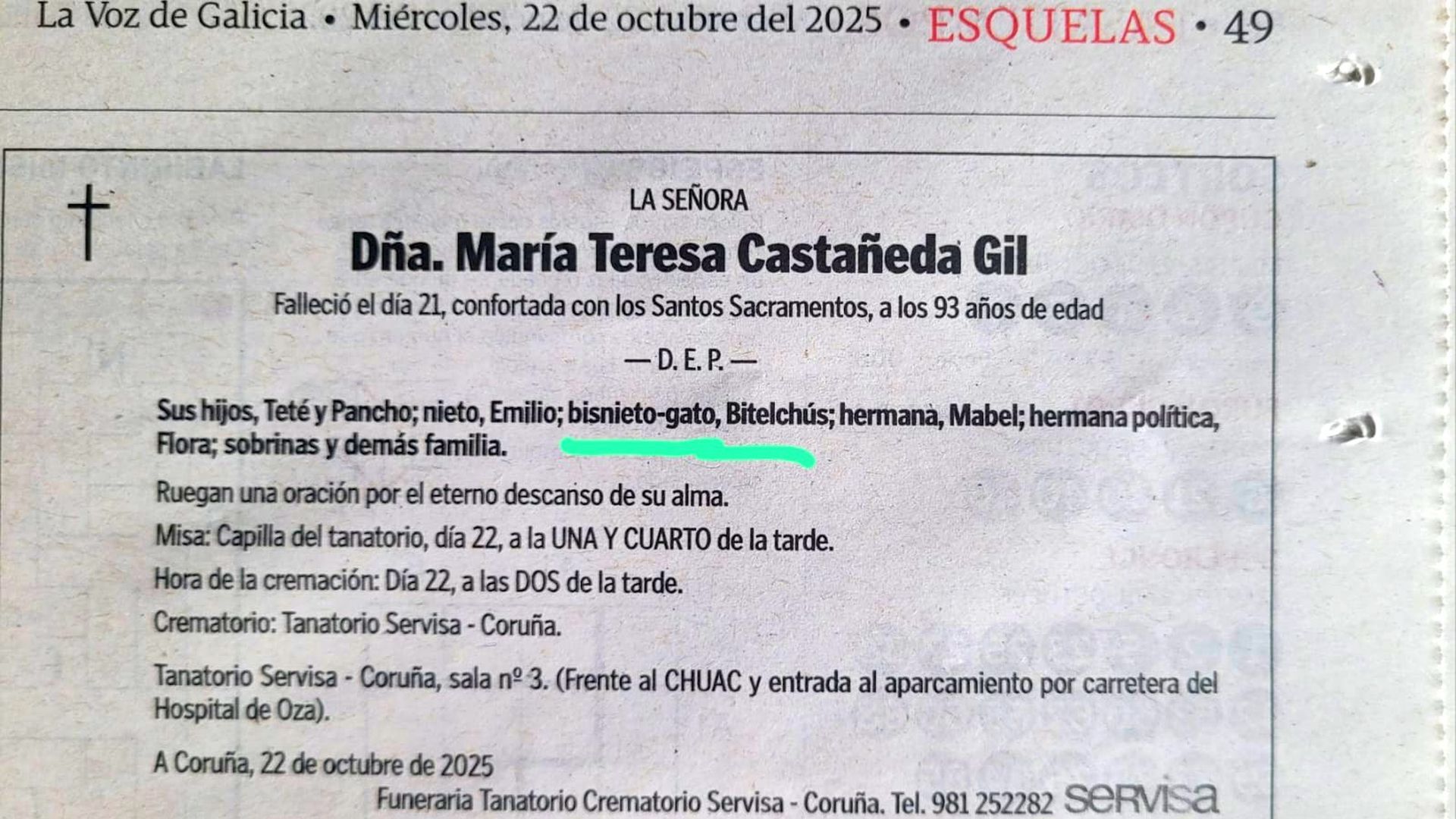 Esquela viral que menciona al bisnieto-gato Bitelchús