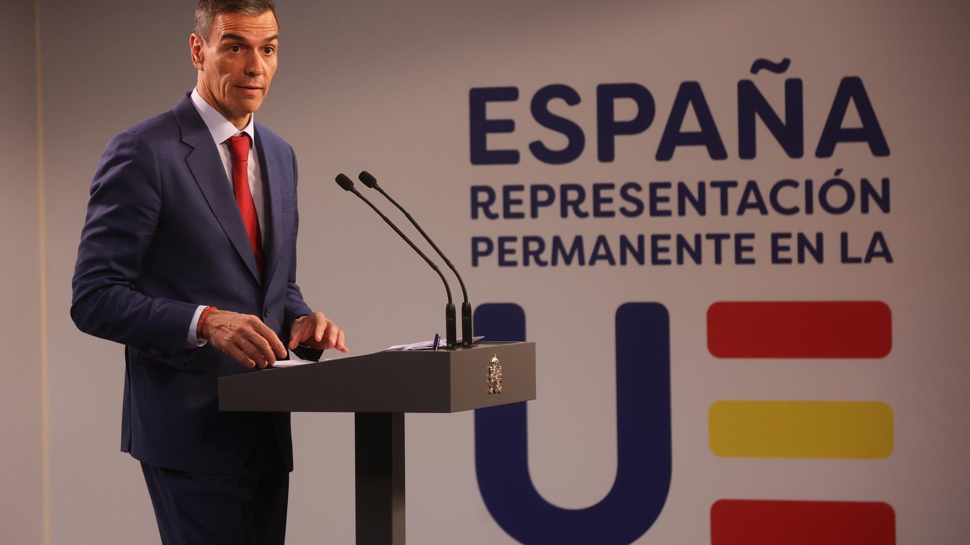 Pedro Sánchez, en rueda de prensa desde Bruselas