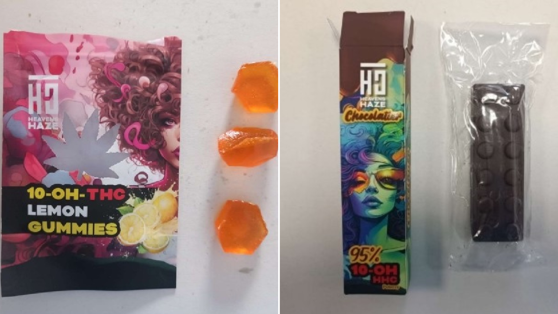 10-OH-THC LEMON GUMMIES’ de la marca Heavens Haze y ‘95% 10-OH HHC’ de la marca Happy Bites