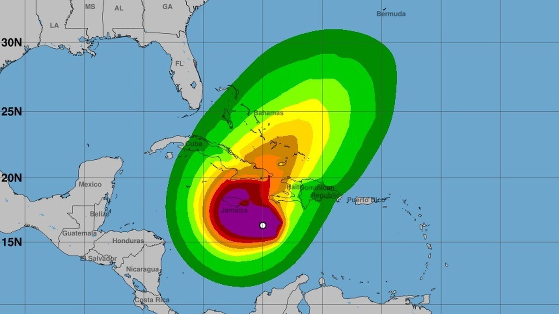 Mapa con la proyección de vientos del huracán 'Melissa'
