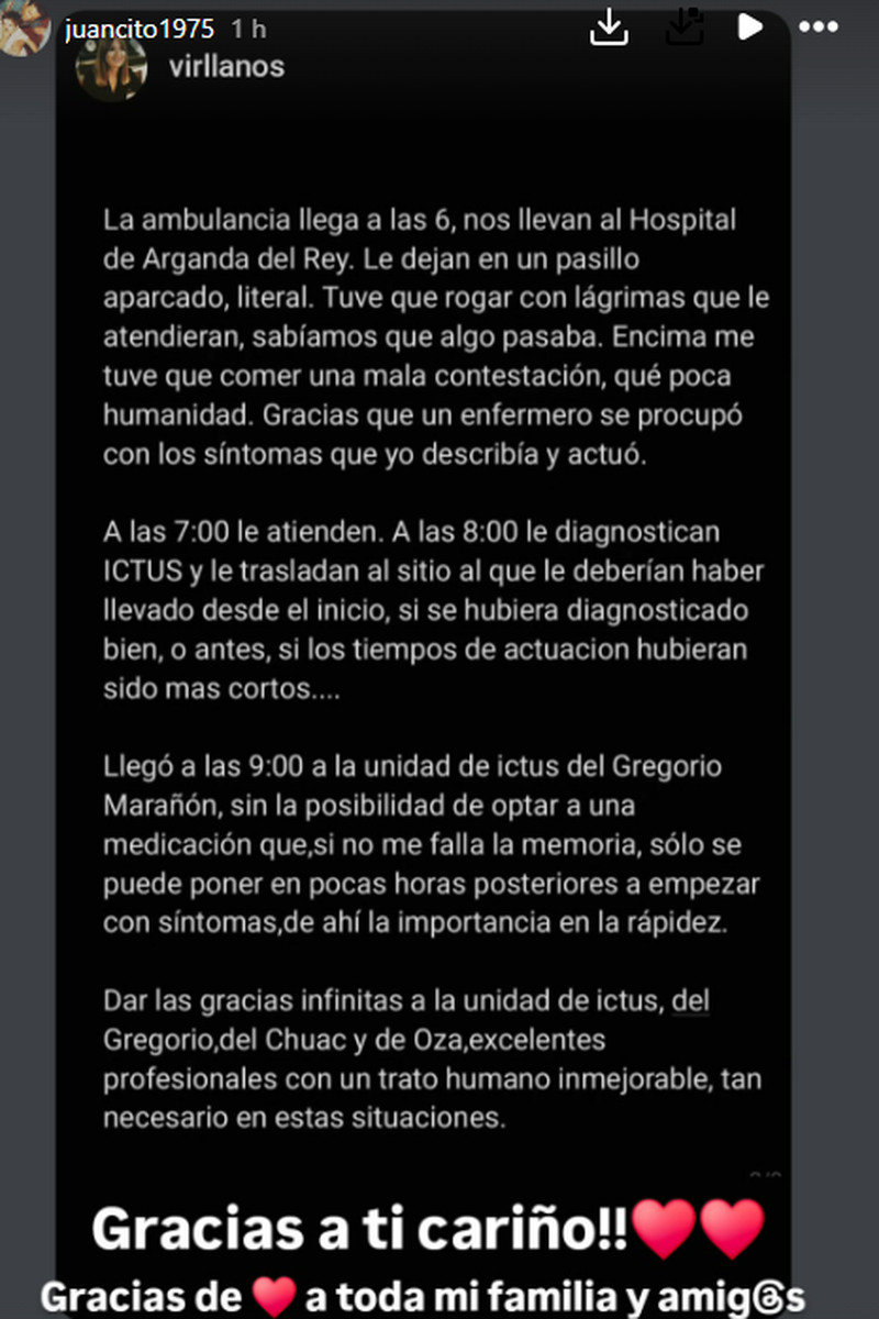 El marido de Virginia Llanos comparte parte del mensaje que ella ha colgado en las redes el Día Mundial del Ictus