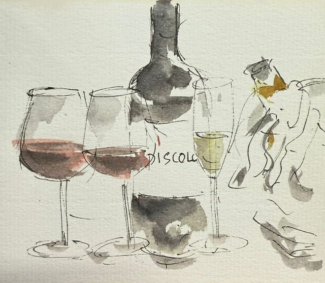 Una acuarela de Paco Somoza con el vino Díscolo