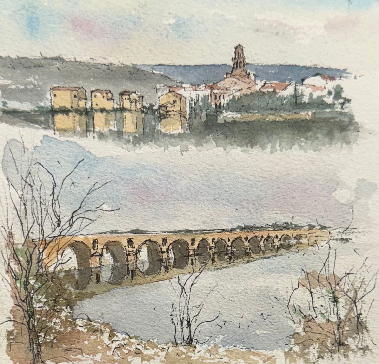 Vista panorámica Río Duero y Zamora en la acuarela de Paco Somoza