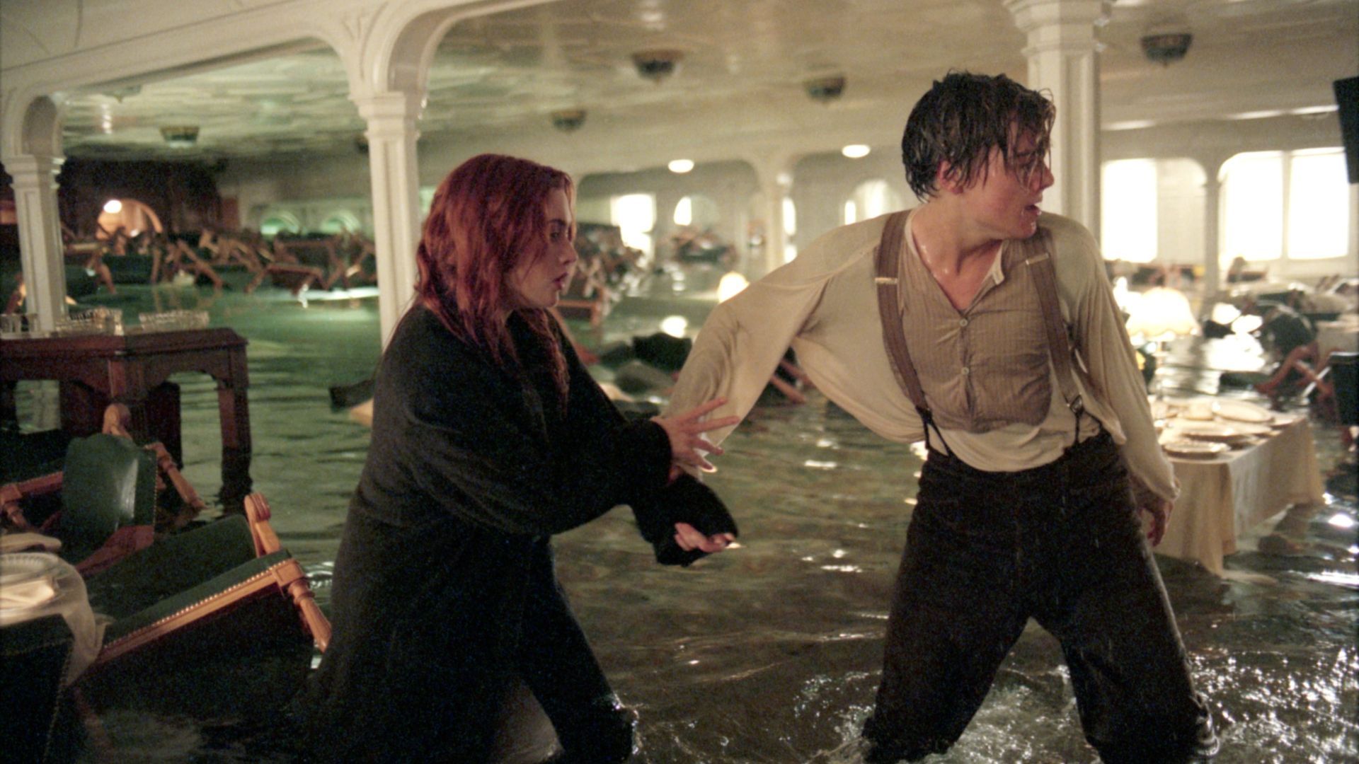 Leonardo DiCaprio y Kate Winslet en la grabación de 'Titanic'