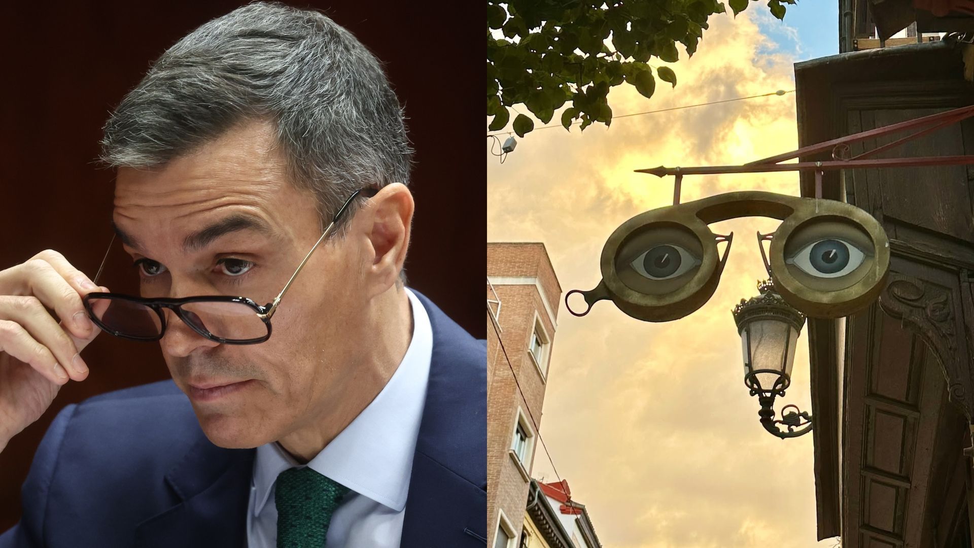 Pedro Sánchez con sus nuevas gafas y el exterior de GafaVintage, en un montaje de fotos Pedro Sánchez con sus nuevas gafas y el exterior de GafaVintage, en un montaje de fotos