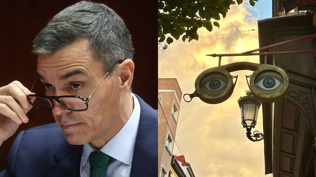 Pedro Sánchez con sus nuevas gafas y el exterior de GafaVintage, en un montaje de fotos