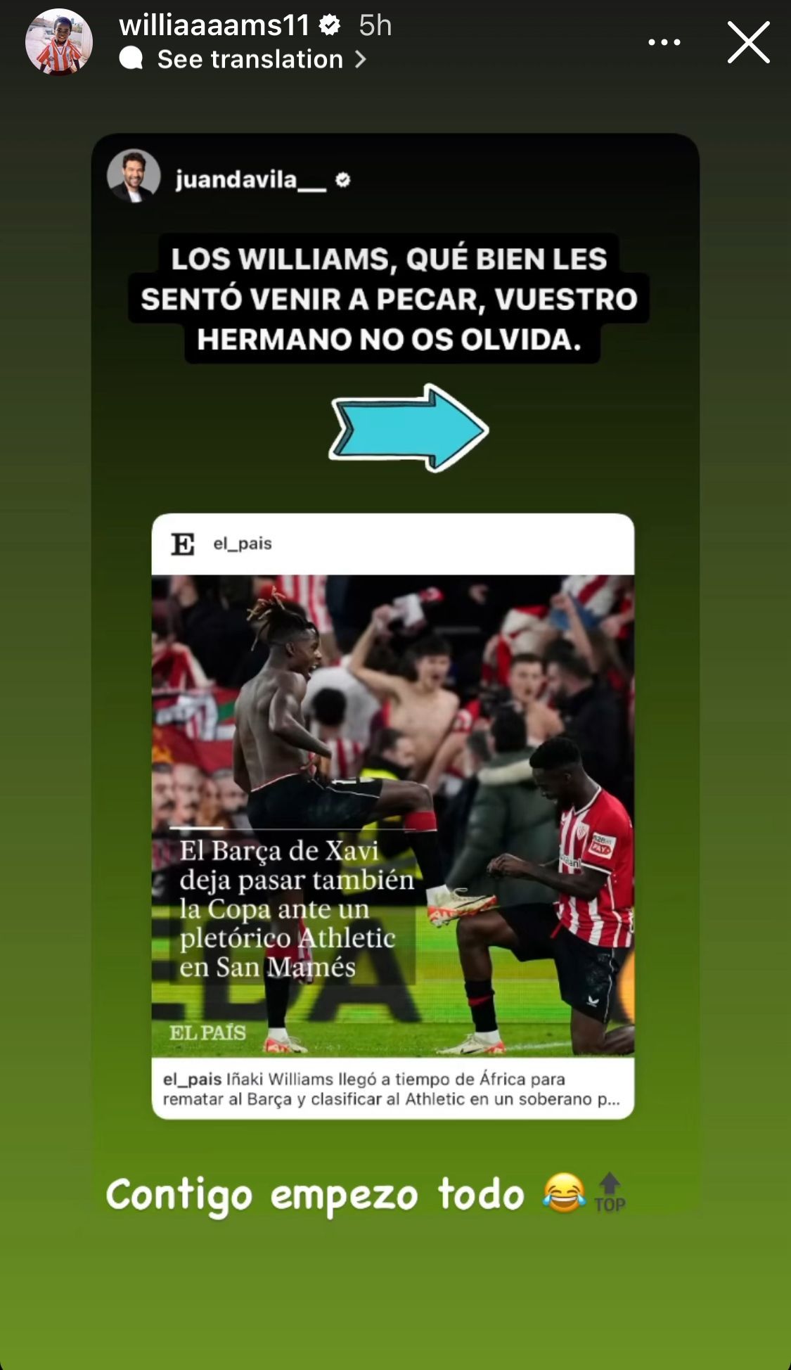  Juan Dávila envía un mensaje a los Williams tras su partido contra el Barça (@williaaaams11)