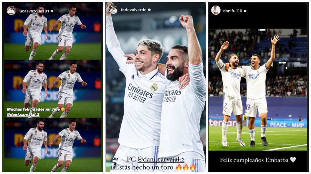 Las felicitaciones de Lucas Vázquez, Fede Valverde y Dani Ceballos a Dani Carvajal (@dani.carvajal.2)