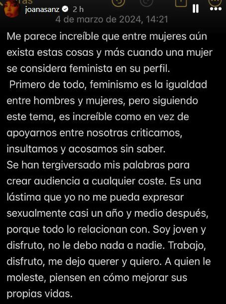  Las palabras de Joana Sanz acerca de la polémica situación.