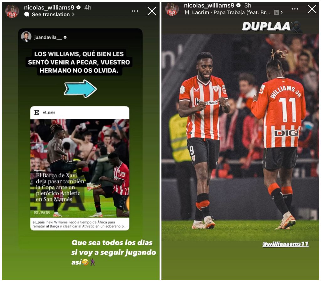  Las publicaciones de Nico Williams tras el partido frente al BArça en Copa del Rey (@nicolas_willi