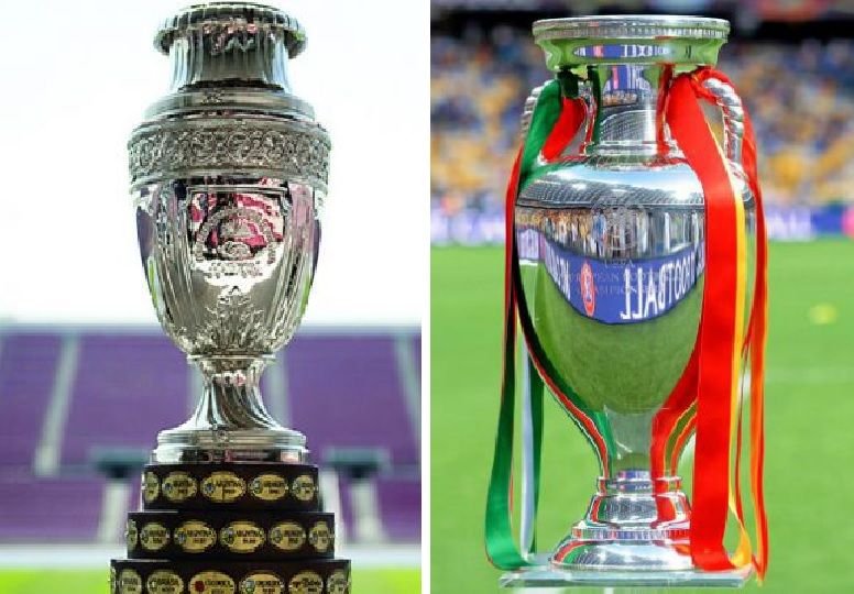 Los trofeos de la Copa América y la Eurocopa.