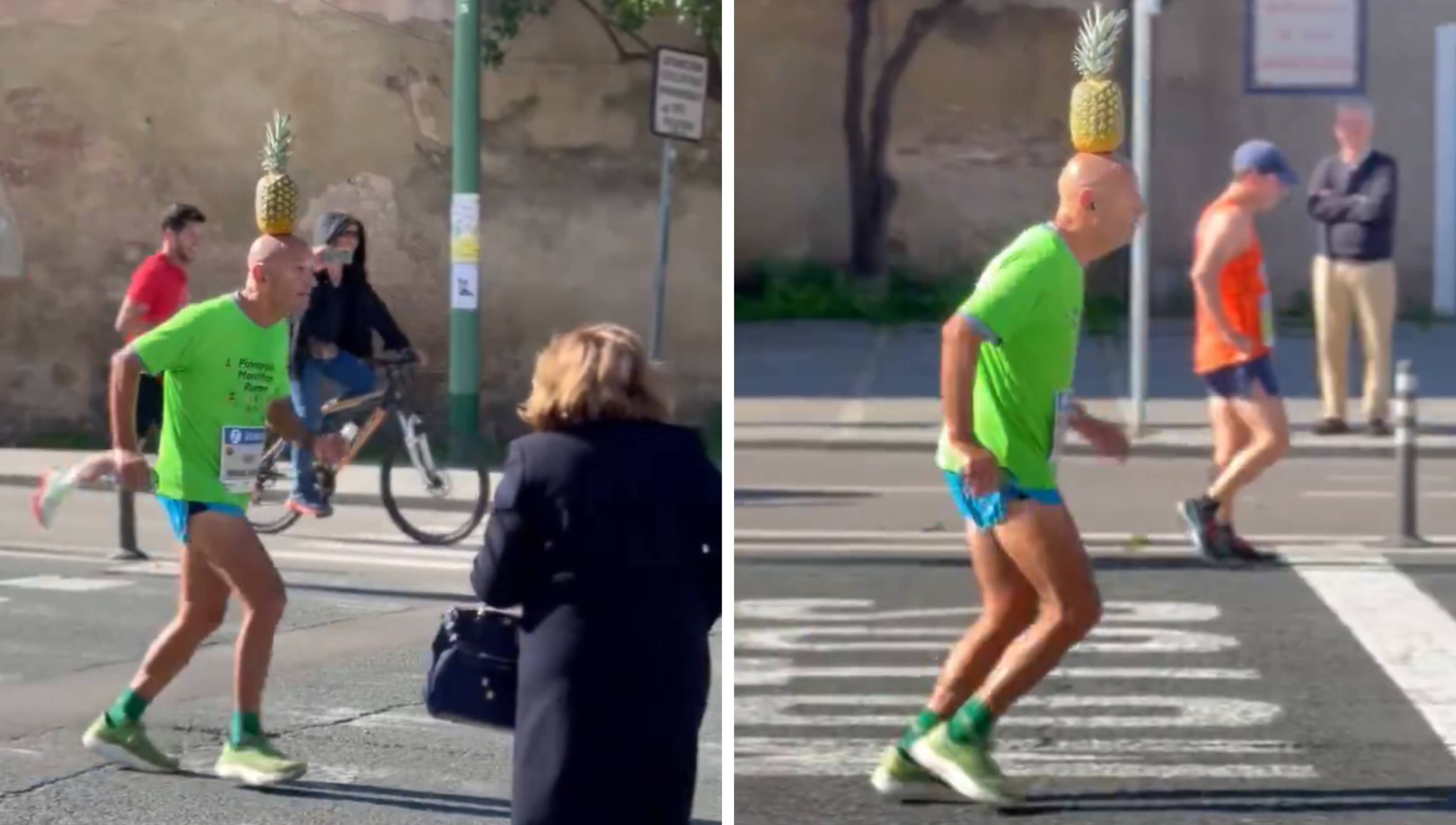  Moshe Lederfien corre el Maratón de Sevilla con una piña en la cabeza