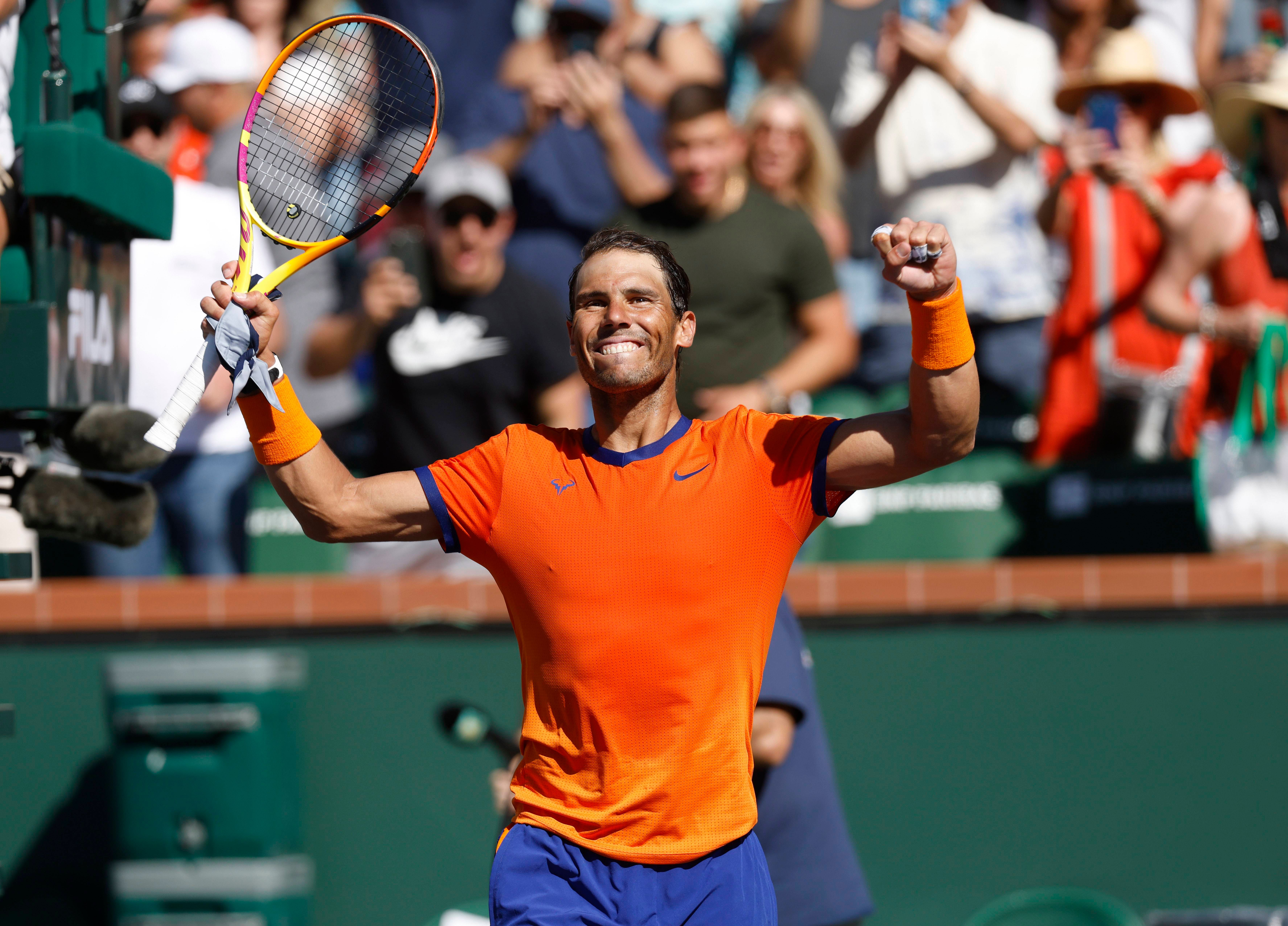  Rafa Nadal celebra una victoria en Indian Wells 2022.