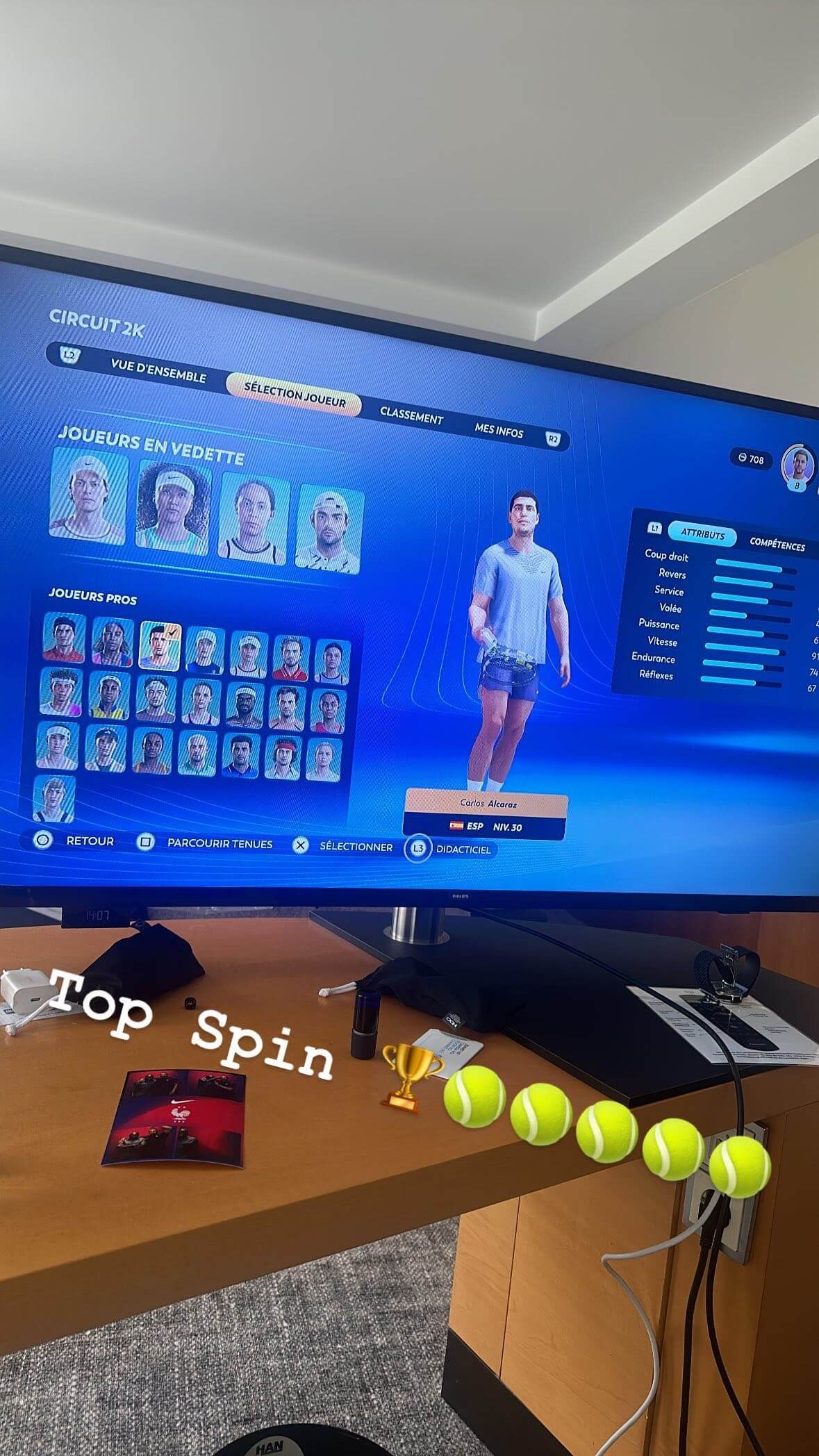 Mbappé jugando al 'TopSpin' eligiendo a Carlos Alcaraz (Instagram: @k.mbappe)