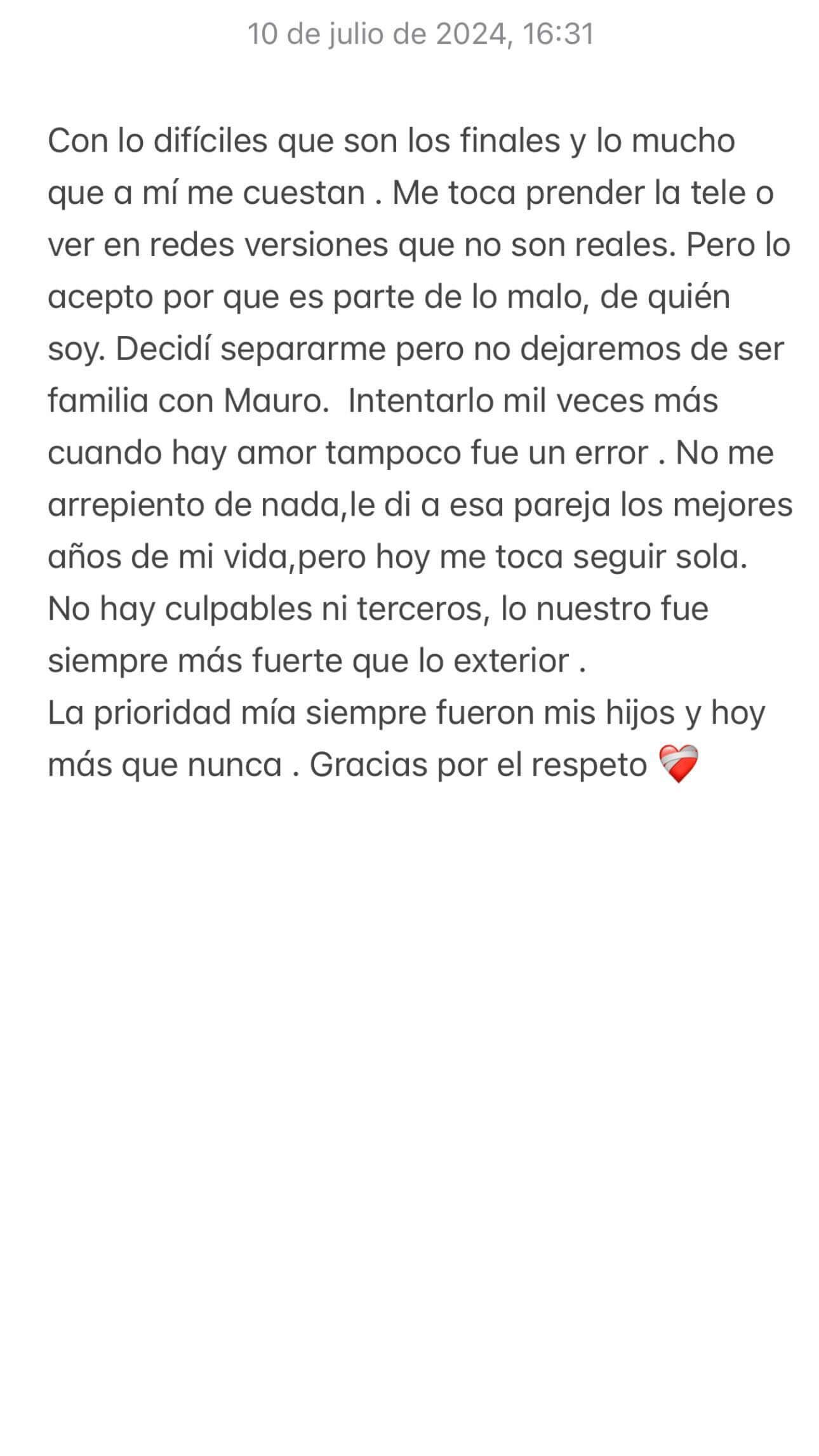 El comunicado de Wanda Nara sobre su separación (Instagram: @wanda_nara)