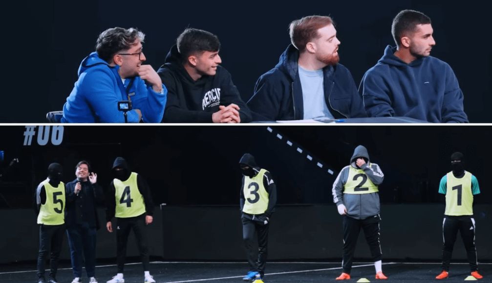 Spursito, Pedri, Ibai Llanos y Ferran Torres, en un reto de fútbol (Caputra de YouTube)