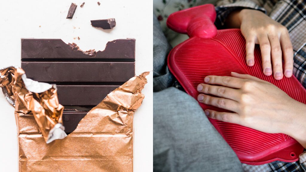 Tableta de chocolate negro (izquierda) y mujer poniéndose calor en el bajo vientre (derecha) (Foto