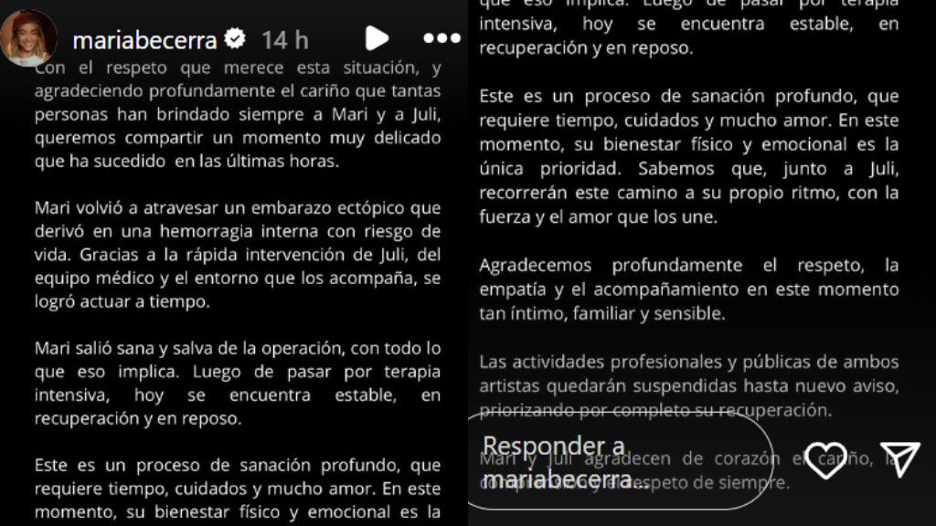 Comunicado explicando lo sucedido a María Becerra