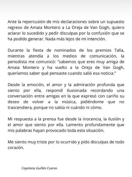 El comunicado de Cayetana Guillén Cuervo tras sus palabras sobre Amaia Montero (Instagram: @cayeta