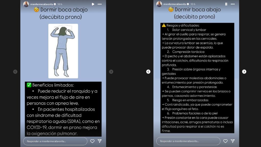 Una enfermera detalla los beneficios y los riesgos de dormir boca abajo (Foto: @mienfermerafavorita