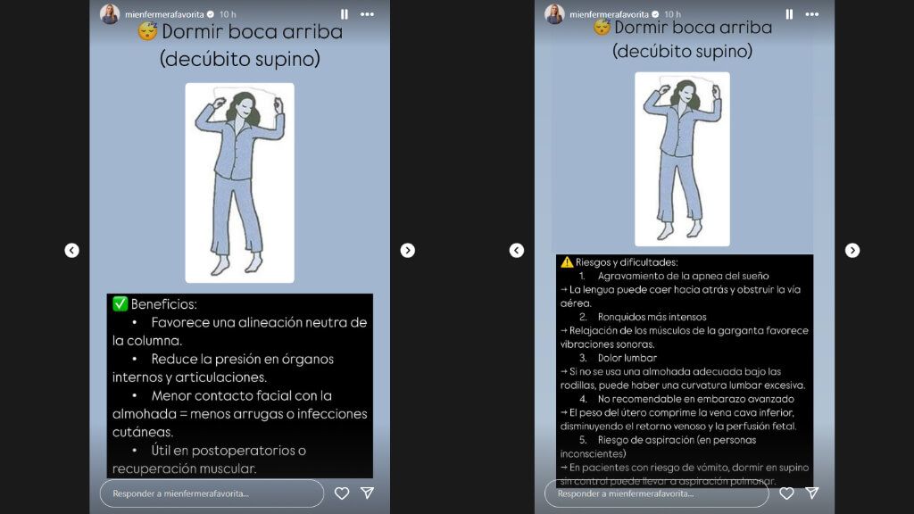 Una enfermera detalla los beneficios y los riesgos de dormir boca arriba (Foto: @mienfermerafavorit
