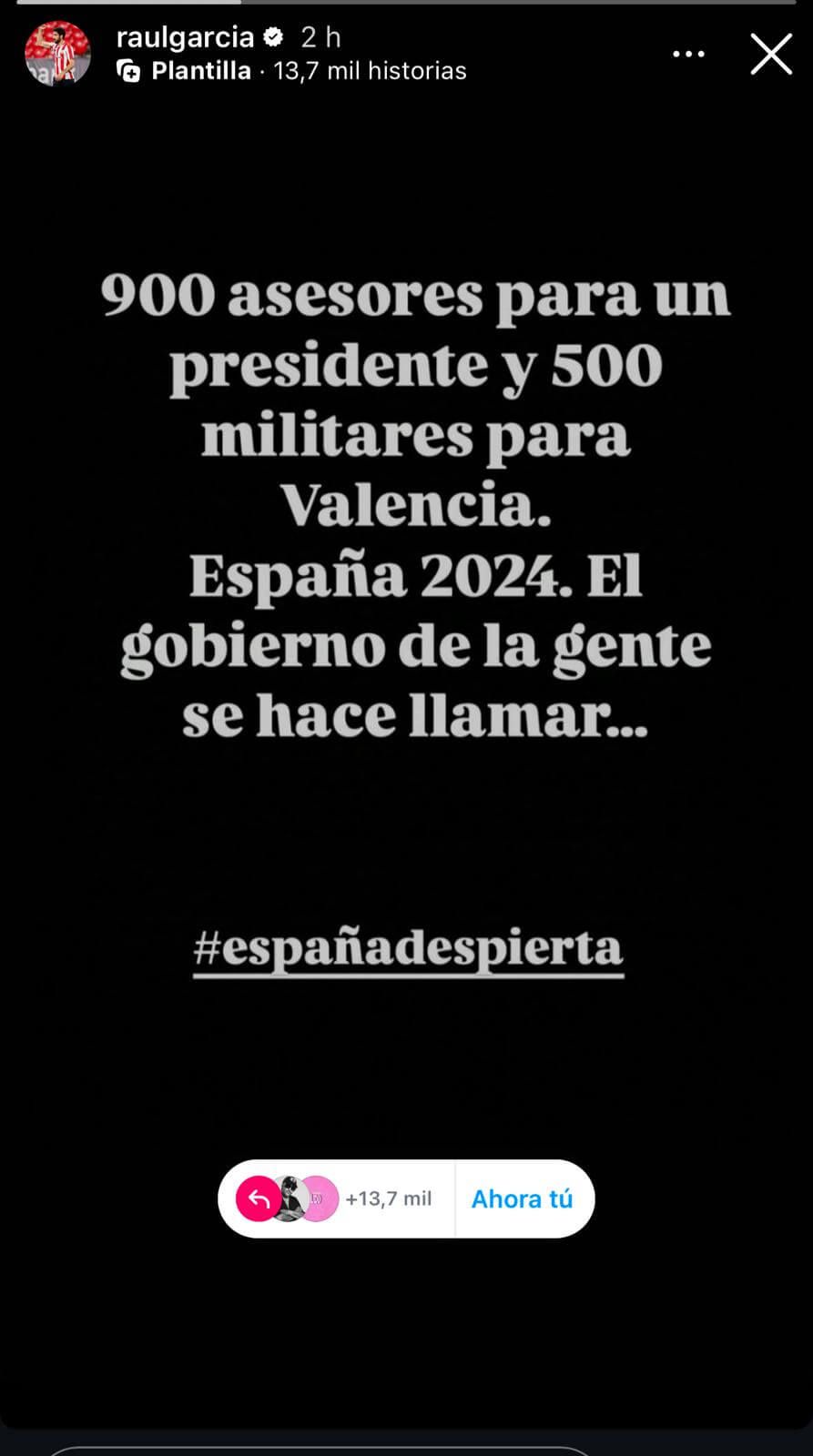  El mensaje de Raúl García contra Pedro Sánchez en Instagram.