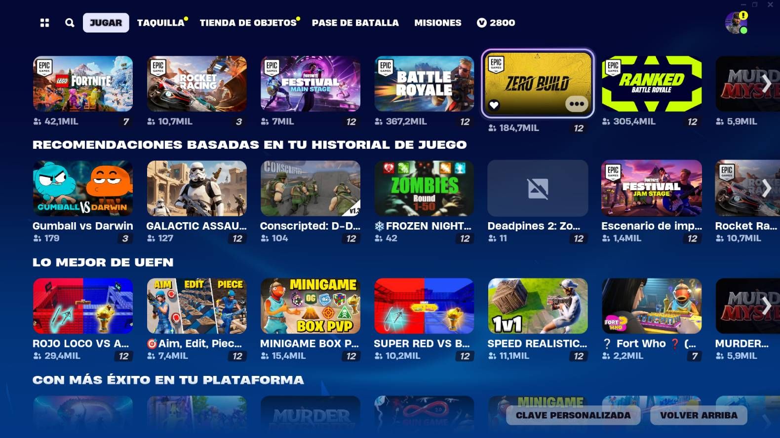  El menú de mapas de Fortnite tras el Creativo 2.0