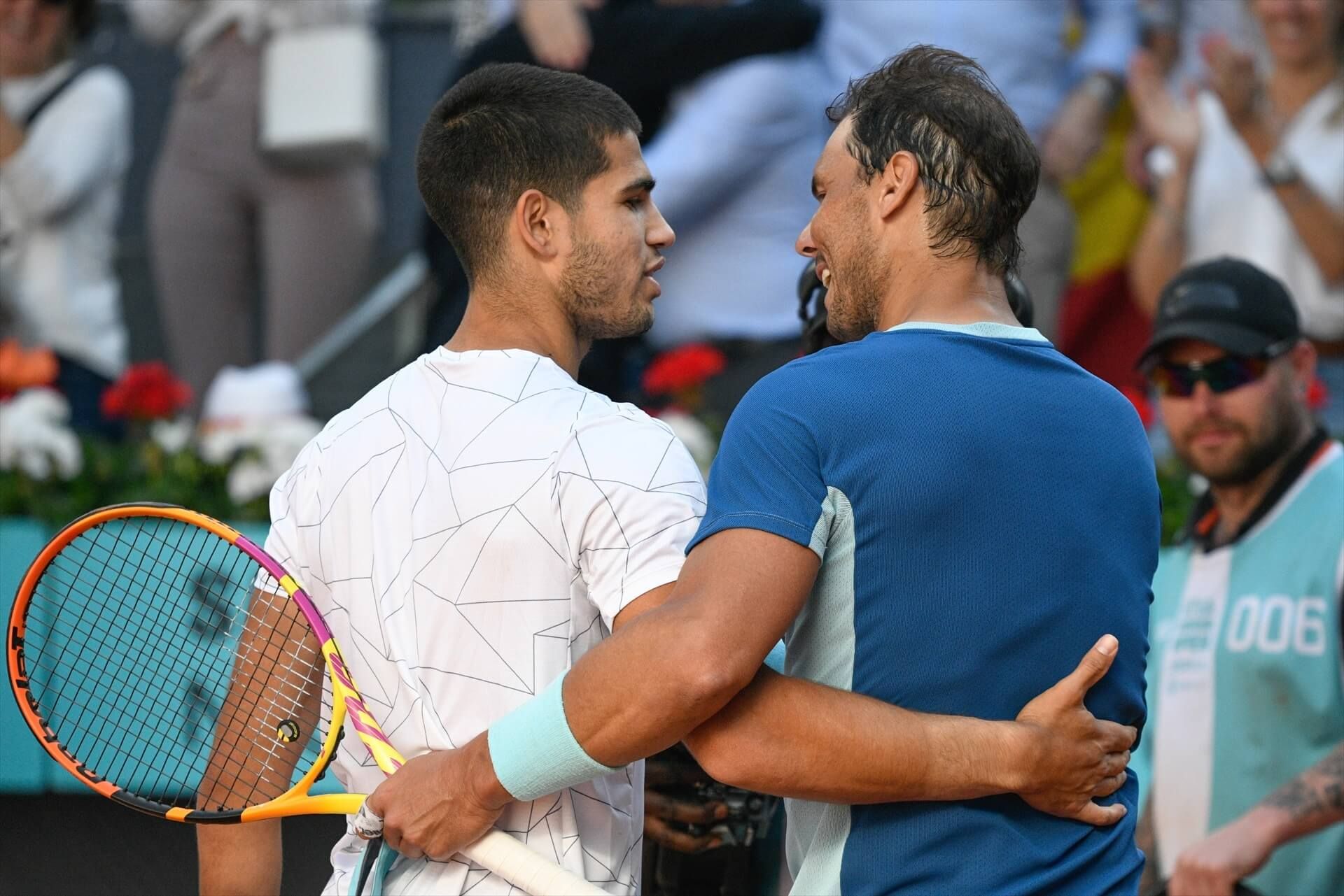 Carlos Alcaraz y Rafa Nadal en el Mutua Madrid Open