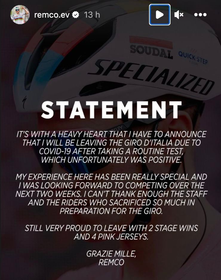 Comunicado de Remco Evenepoel, que se va del Giro por COVID-19.