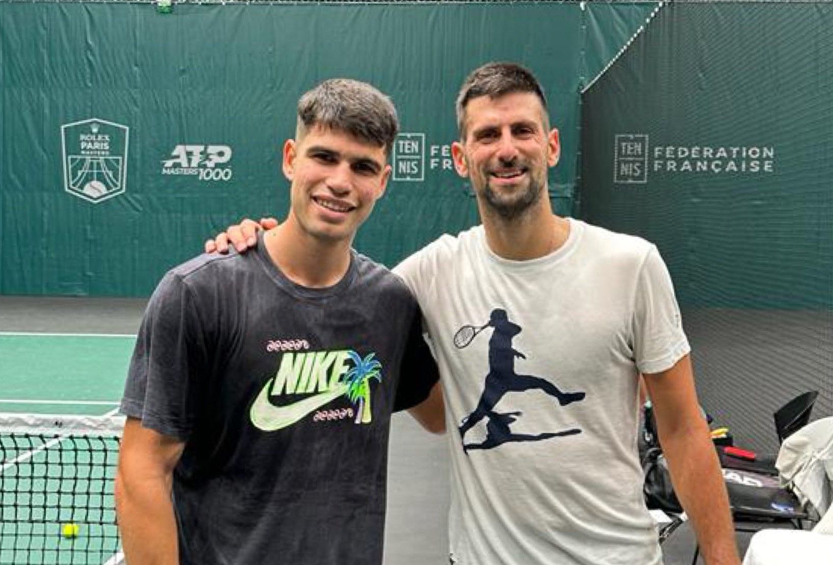  Alcaraz y Djokovic en su último entrenamiento juntos.