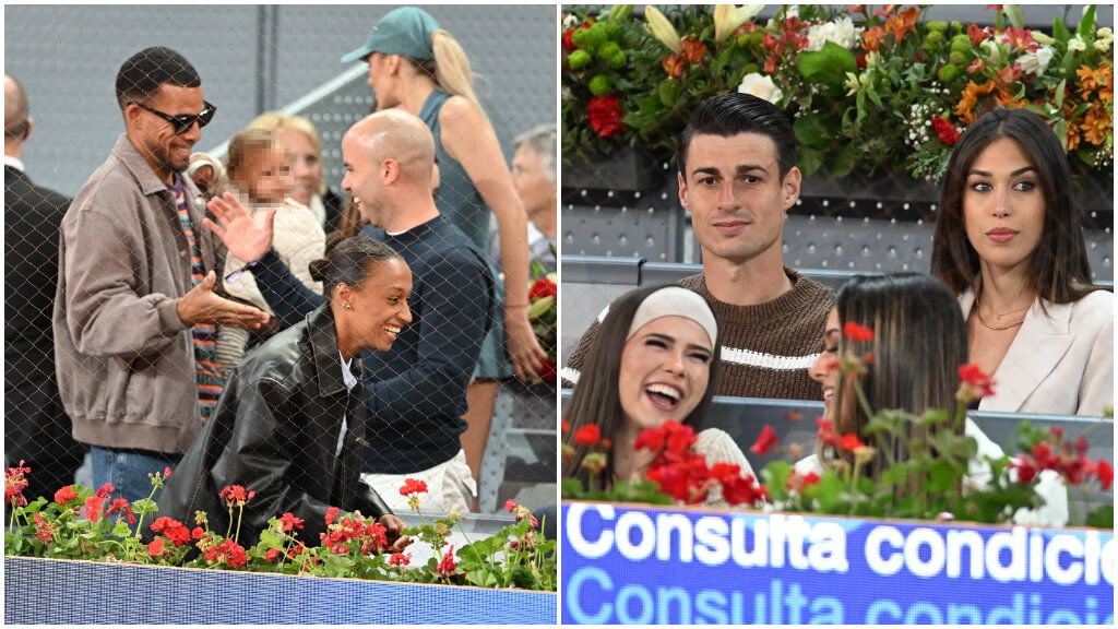  Ana Peleteiro junto a su marido y Kepa junto a su novia en el partido de Carlos Alcaraz (Europa Press)