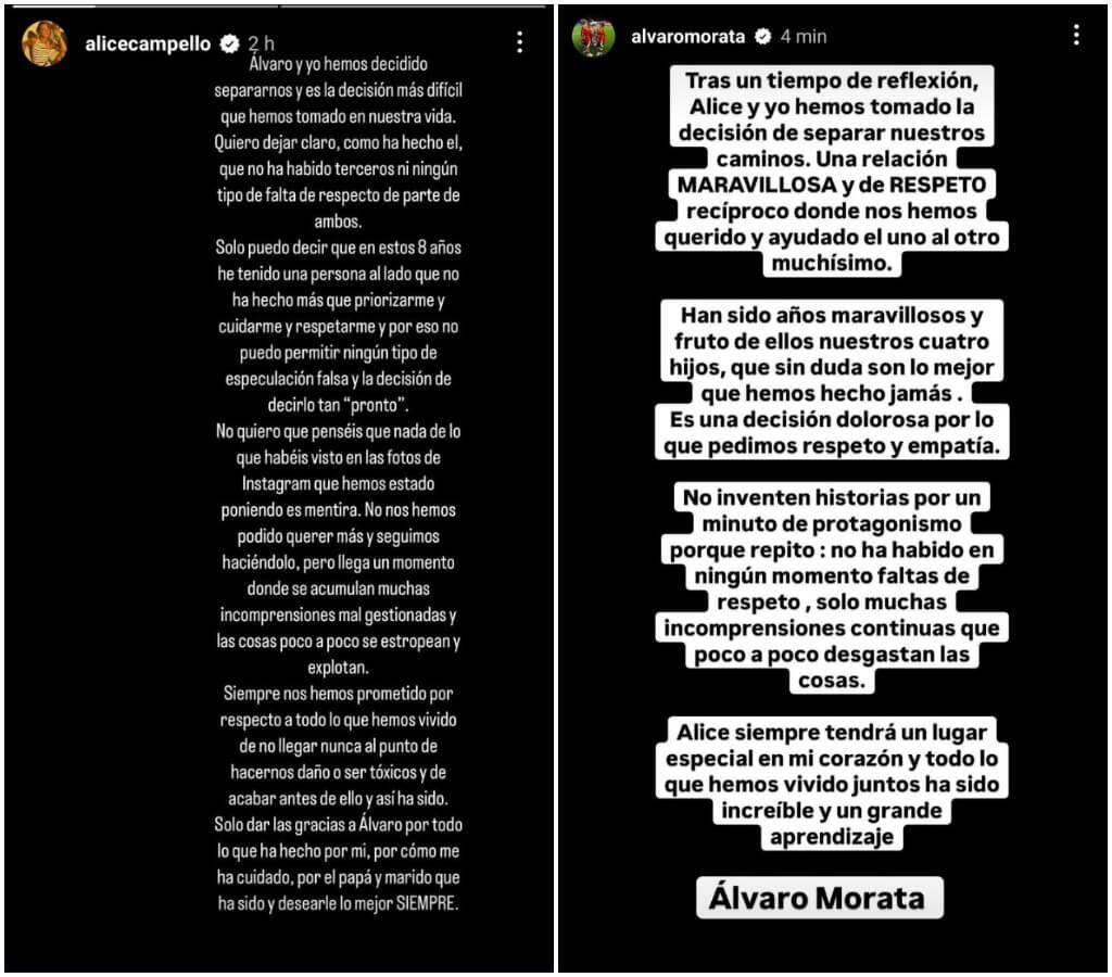  Las palabras de Alice Campello y Álvaro Morata sobre su separación (Fotos: redes sociales)