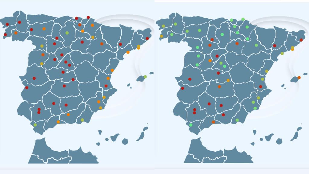  Fotomontaje de los niveles de polen de gramíneas (izquierda) y olivo (derecha) en España (Fotos: polenes.com)