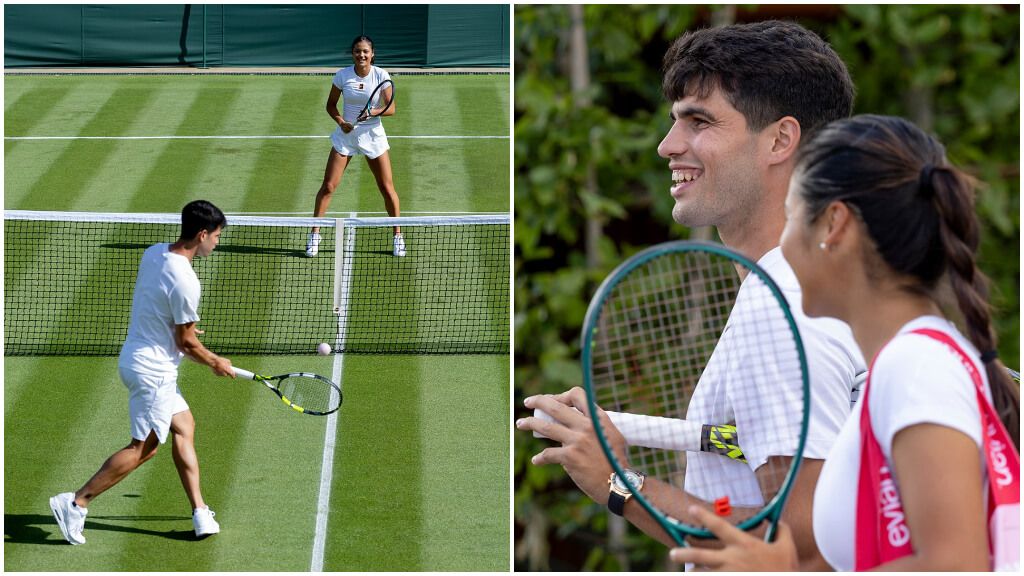 Momentos del peloteo entre Emma Raducanu y Carlos Alcaraz (foto: Wimbledon Instagram)