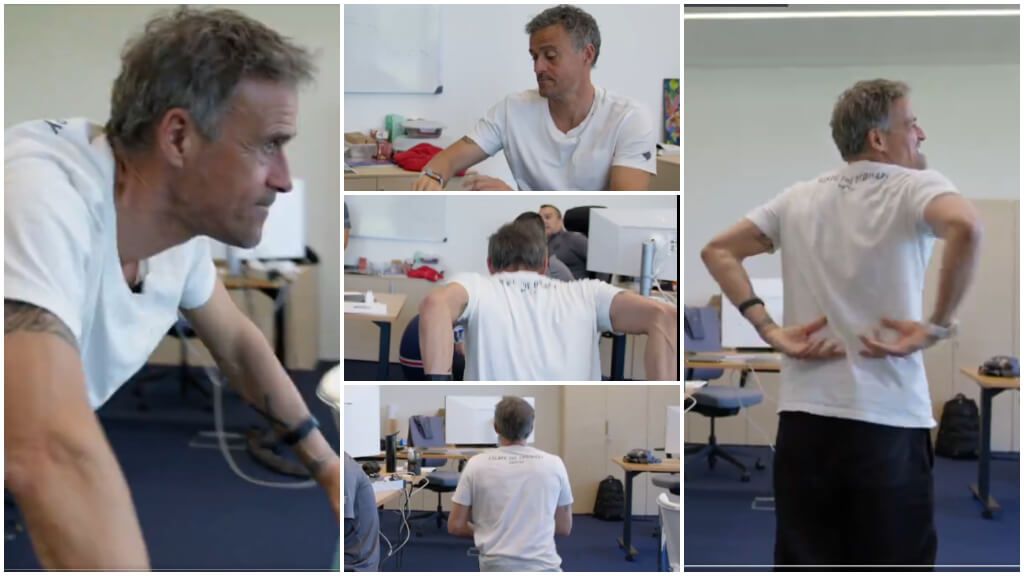  Luis Enrique muestra su rutina de moverse cada 30 minutos. (Fuente: @MovistarFutbol)