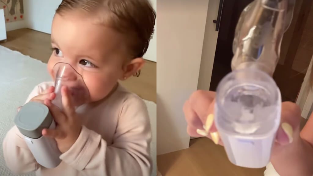 Hija de María Pombo utilizando el nebulizador