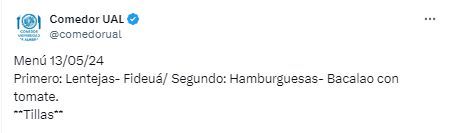  El menú del comedor de la UAL, con las famosas "tillas" (Captura de @comedorual)