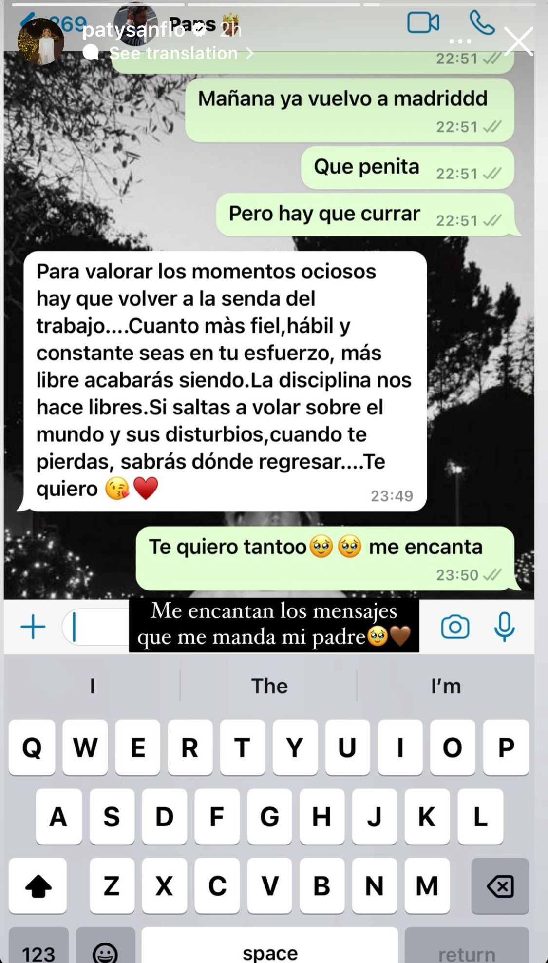 La conversación de Quique Sánchez Flores y su hija (@patysanflo)