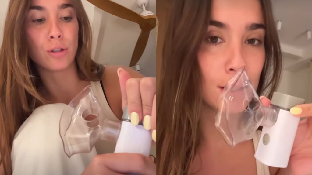 María Pombo muestra el nebulizador que utiliza con sus hijos